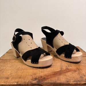 Loft Criss Cross Black Suede Ankle Strap Open Toe Chunky Wooden Sandals Sz 9M